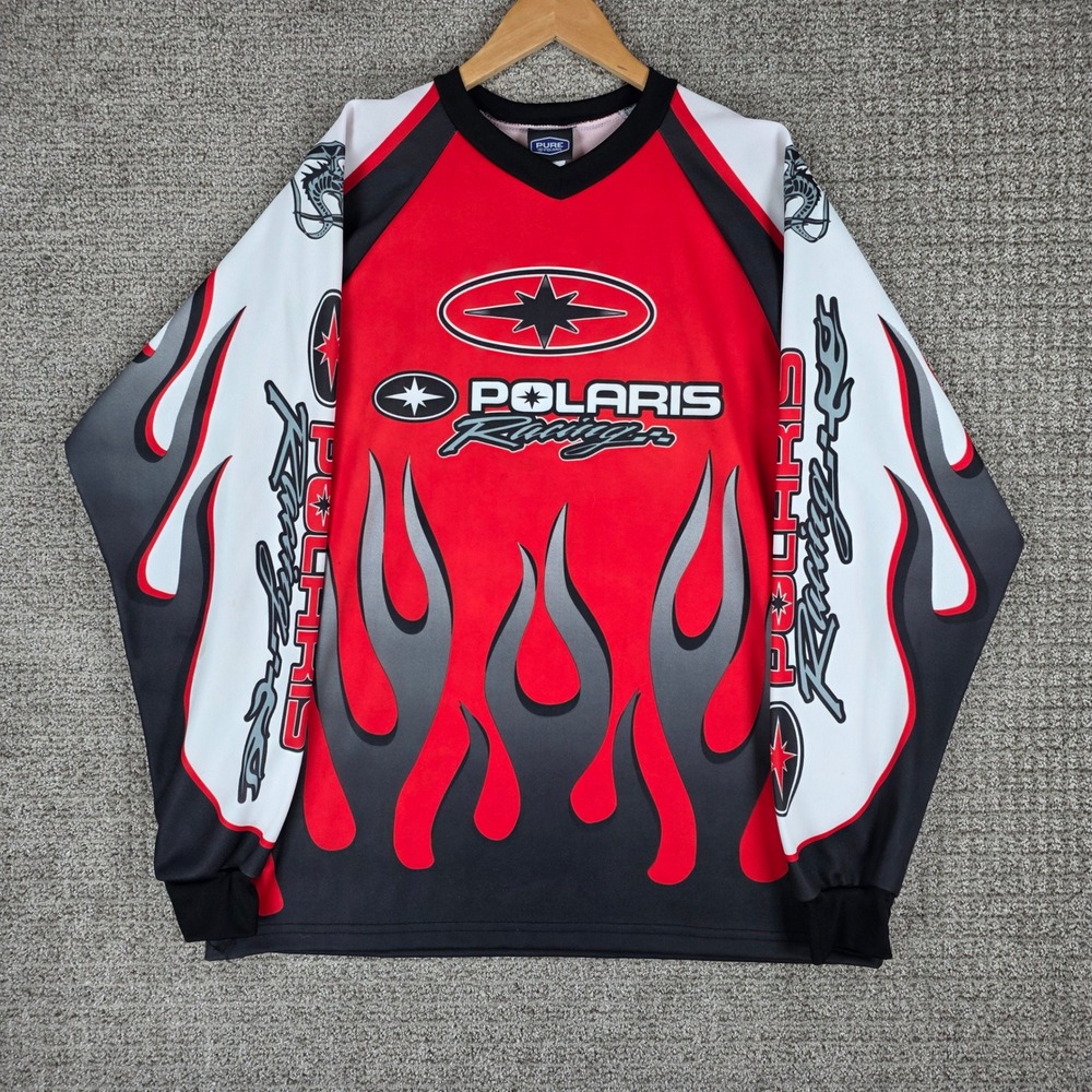 Vintage Polaris Racing Jersey Mens XXL Red Black Flame Long Sleeve Motocross USA